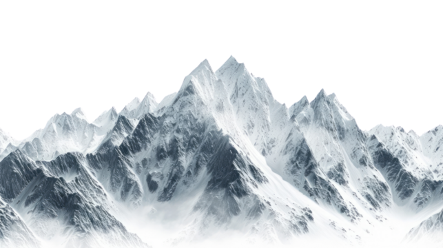 Snow-covered mountain peaks in a breathtaking landscape, featuring a wintry panorama with icy glaciers, rocky terrain, and a clear view of the sky, white background.