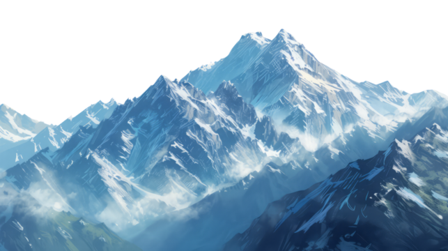 Snow-covered mountain peaks in a breathtaking landscape, featuring a wintry panorama with icy glaciers, rocky terrain, and a clear view of the sky, white background.