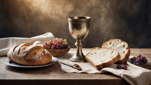 Eucharist sacrament chalice symbols bread and wine hosts illustration. AI generated