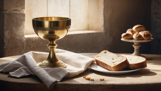 Eucharist sacrament chalice symbols bread and wine hosts illustration. AI generated