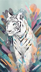 Bohemian illustration of a White tiger abstract collage art wall art print background