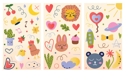 Set of posters with cute elements. Three adorable posters showcase a blend of illustration and design, adorned with charming cartoon elements. Vector illustration.
