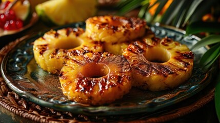 Obraz na płótnie Canvas grilled pineapple rings, with a caramelized exterior and a sprinkle of cinnamon, arranged on a whimsical tropical barbeque scene