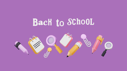 Back to school concept with 3d stationery supplies in pastel purple, pink, yellow colors. Border arrangement of pen, pencil, magnifier, copybook, paper clip. Vector illustration with plastic elements 