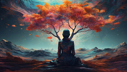 Obraz premium Silhouette of the person sitting in meditation pose in mountain landscape with tree growing from his chest. AI generated