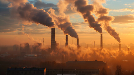 Industrial landscape with heavy smoke from the chimneys. - obrazy, fototapety, plakaty