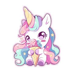 Obraz na płótnie Canvas Cute magical fairy unicorn with ice cream rainbow pastel colors. Vector design sticker isolated on white background. Print for t-shirt or sticker. Romantic illustration for children adorable pony 