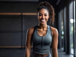 Smiling young black woman fitness model in sportswear doing exercise