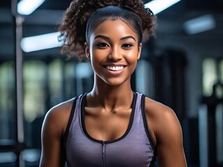 Smiling young black woman fitness model in sportswear doing exercise