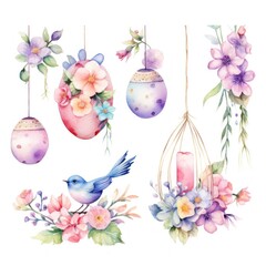 Watercolor illustration of Easter egg bunny decorated spring flowers isolated on white background. Clipart cute rabbit with pastel flowers. Easter hunt and decoration.