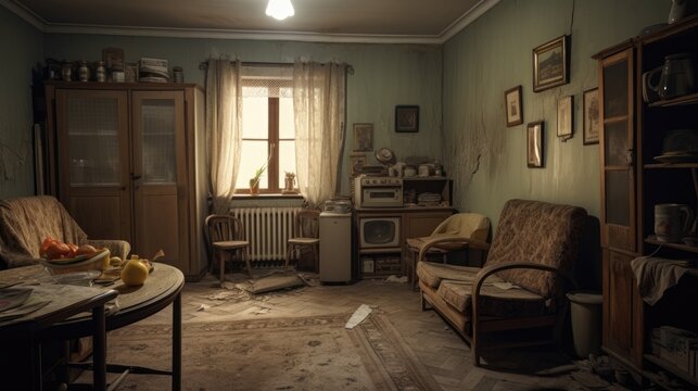 A run down Soviet era Russian home for elderly residents with old furniture, worn out flooring, damaged wallpaper, and an outdated TV.