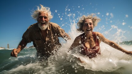 Cheerful elderly couple funny old woman and an old man happily bathing and enjoying themselves in the sea or ocean during their vacation. Joy and playful moments of seniors life
