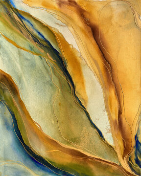 Abstract fluid art in orange and green tones. Hand-made with alcohol ink. Features organic flowing shapes and marbling effect. No real property or natural materials depicted.