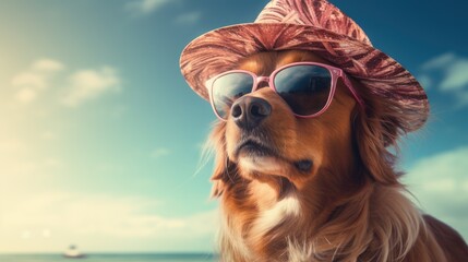 Dog wearing a hat and sunglasses on the beach