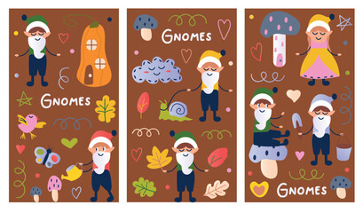 Set of posters with gnomes. Three posters feature gnomes and charming elements, combining detailed illustration with whimsical cartoon design. Vector illustration.
