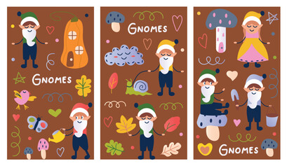 Fototapeta premium Set of posters with gnomes. Three posters feature gnomes and charming elements, combining detailed illustration with whimsical cartoon design. Vector illustration.
