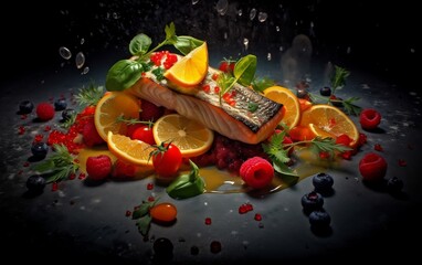 Fish Surrounded by Fruit and Vegetables