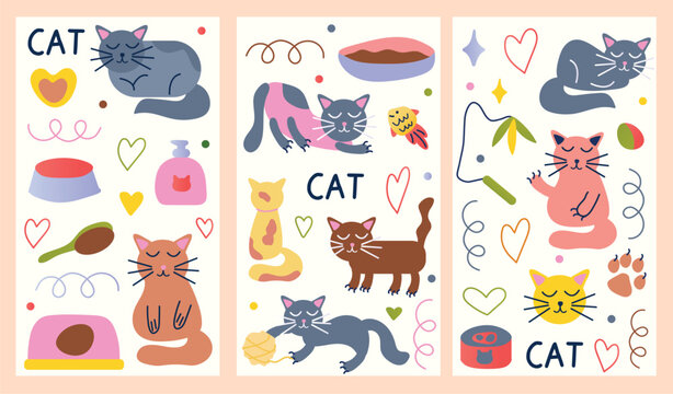 Set of posters with cats. This image showcases three posters embellished with cats and other cute elements for them. Vector illustration.