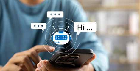 AI Artificial Intelligence,Digital chatbot, Man chatting with digital assistant chatbot on...
