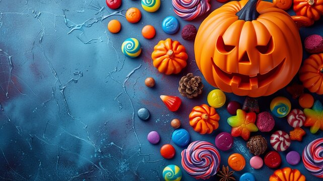 Happy Halloween Candy Background Flat Lay

