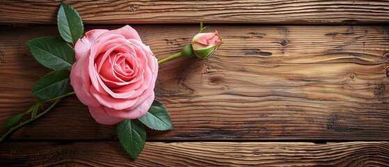Pink Rose & Bud on Wooden Texture Flat Lay

