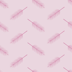 Delicate vector seamless pattern with illustration of feathers on a pink background. Delicate background for design in pink color.