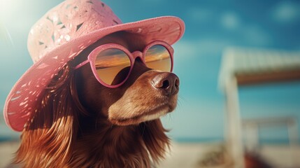 Dog wearing a hat and sunglasses on the beach