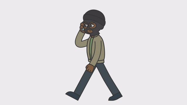 2d animation of walking black male criminal in mask talking on the phone. Looped 4K video with alpha-channel.
