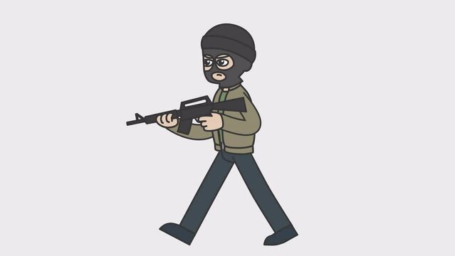 2d animation of walking white male criminal in mask holding a machine gun. Looped 4K video with alpha-channel.