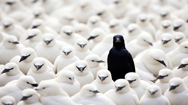 A black white bird among many black birds. The concept of differences within a group.