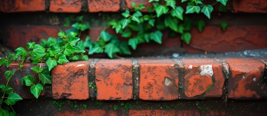 Small green vines growing through old red brick steps, close up. - Powered by Adobe