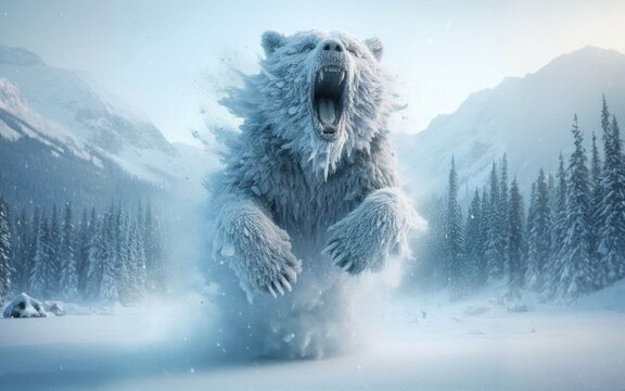 Magnificent brown bear on the run jumped out of the snow
