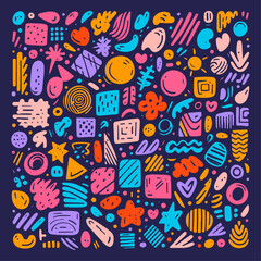 Naklejka premium Colorful Hand-Drawn Pattern with Stars, Hearts, Clouds, and Circles on Dark Blue Background