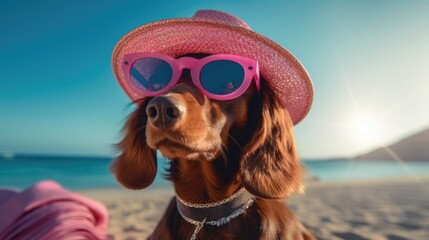 Dog wearing a hat and sunglasses on the beach