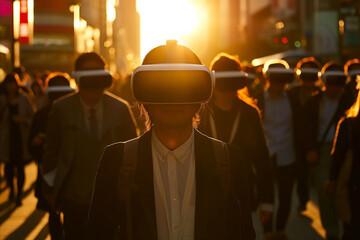 A crowd of commuters going to work wearing virtual reality VR headsets - obrazy, fototapety, plakaty