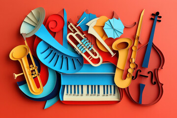 Jazz band musical instruments, world music day poster, abstract invitation
