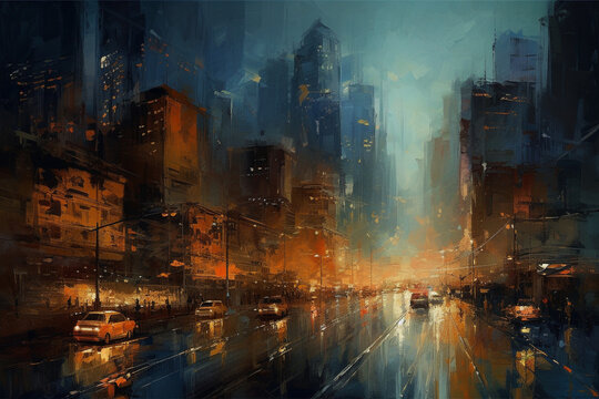 Night city in the style of a portrait with oil paints. AI generated. © serperm73