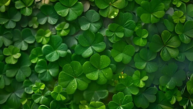Four leaf clovers background, Realistic natural leaves natural background, little green trefoil, symbol of st. patrick's day. 4k video. Copy space