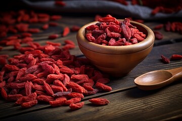 Rich red color of dried goji berries arranged on a rustic wooden table
