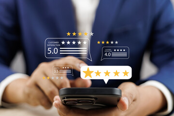Online customer satisfaction Survey service concept, client rate service from experience in application,Consumer give five-Stars and feedback review for quality, Business reputation ranking from buyer - obrazy, fototapety, plakaty