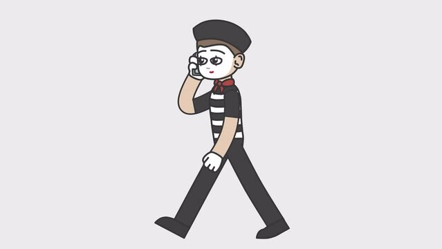 2d animation of walking white male mime talking on the phone. Looped 4K video with alpha-channel.