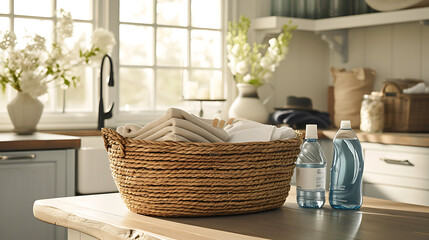 A wicker laundry basket filled with folded towels and bottles of detergent is placed on a table in a bright laundry room