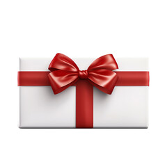 Large rectangular white gift box with a red ribbon bow isolated on transparent background