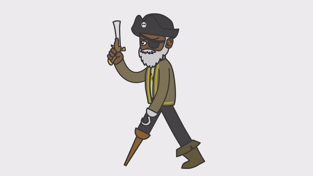 2d animation of walking black male pirate holding a gun. Looped 4K video with alpha-channel.