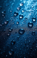 drops of water, abstract and ultra realistic with blue background