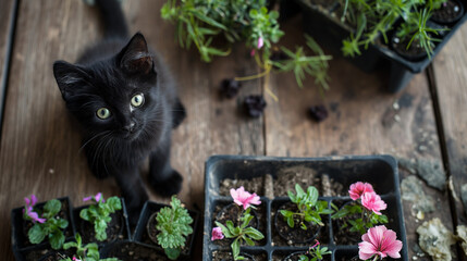 Gato preto fofo em um jardim com mudas e flores