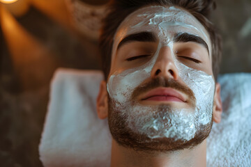 Unshaven man having cosmetic mask in spa salon, top view