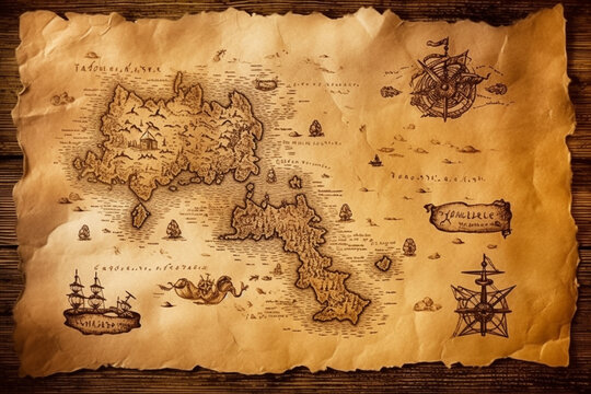 Antique pirate treasure map. AI generated.