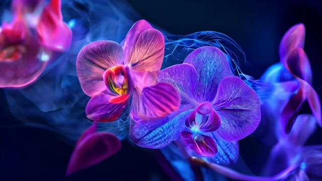 A close-up of translucent orchids illuminated by blue and purple light. The petals are subtly transparent, with the central petals emitting a vivid red hue.
