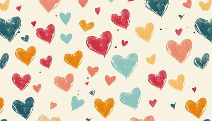 Abstract colourful hearts on cream background, bright and coloured hearts backdrop for valentine's day content